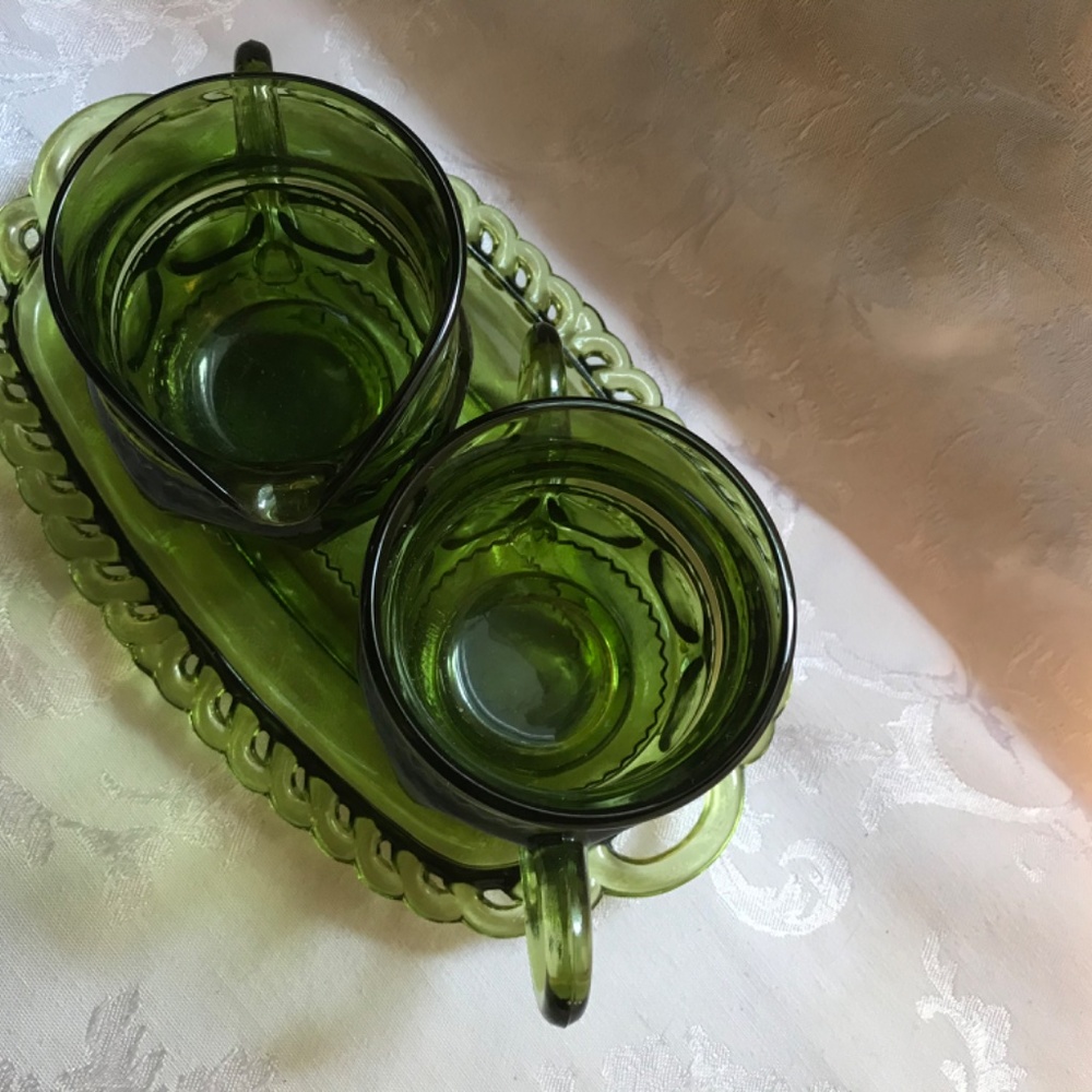 Vintage Green Glass Saucer and Creamer and Sugar - Picture 4 of 6
